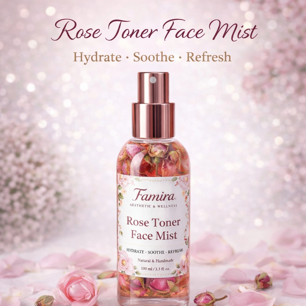 Famira Rose Mist – Pure, Refreshing, Luxurious
Elevate your skincare routine with our Famira Rose Mist, crafted with pure rose water and delicate rose buds. Housed in a premium glass bottle, this hydrating mist refreshes your skin anytime, anywhere, leavi