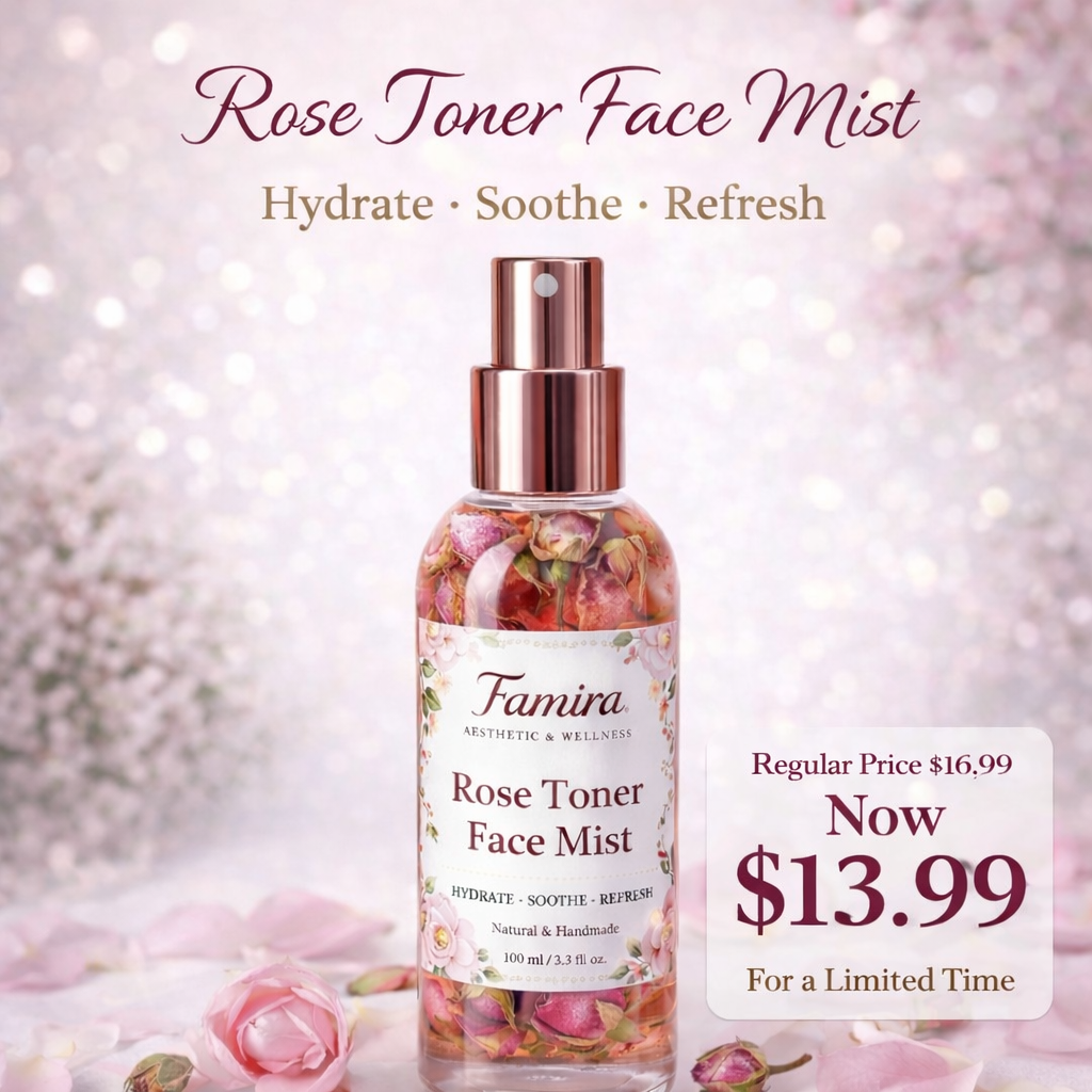 Famira Rose Mist – Pure, Refreshing, Luxurious
Elevate your skincare routine with our Famira Rose Mist, crafted with pure rose water and delicate rose buds. Housed in a premium glass bottle, this hydrating mist refreshes your skin anytime, anywhere, leavi